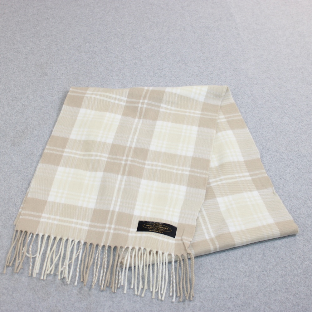 Cashmere Scarf Women One Size Beige Plaid Fringe Cozy Winter Heritage Academia